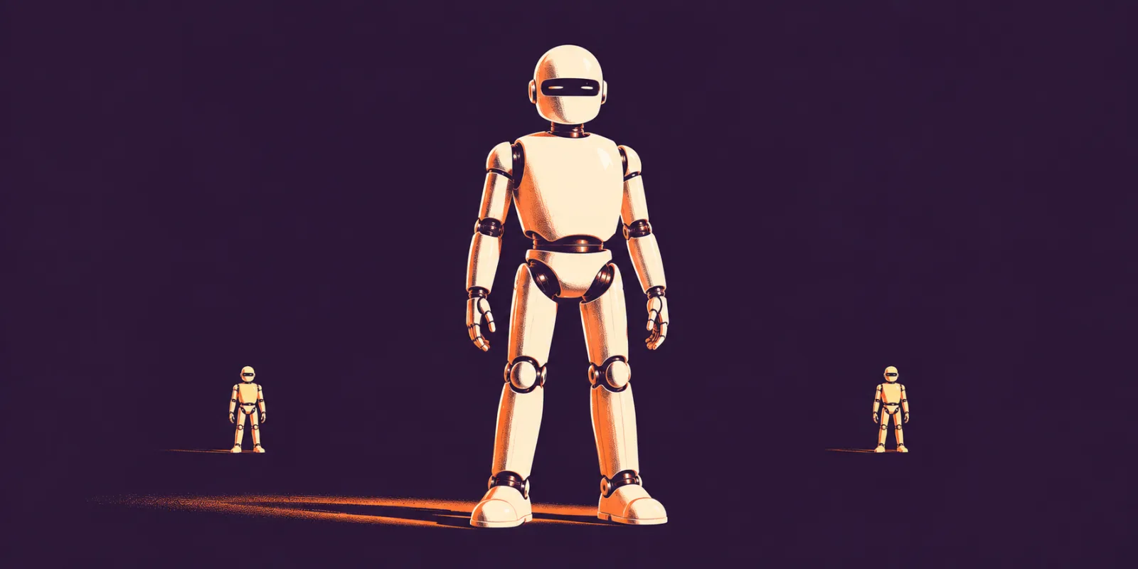 Illustration of a humanoid robot standing between two smaller identical robots, representing a scoped AI agent