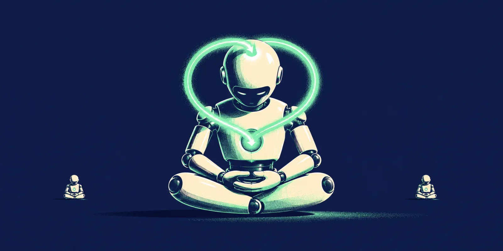 Illustration of a robot meditating with a glowing feedback loop above its hands, representing a model training and retraining loop