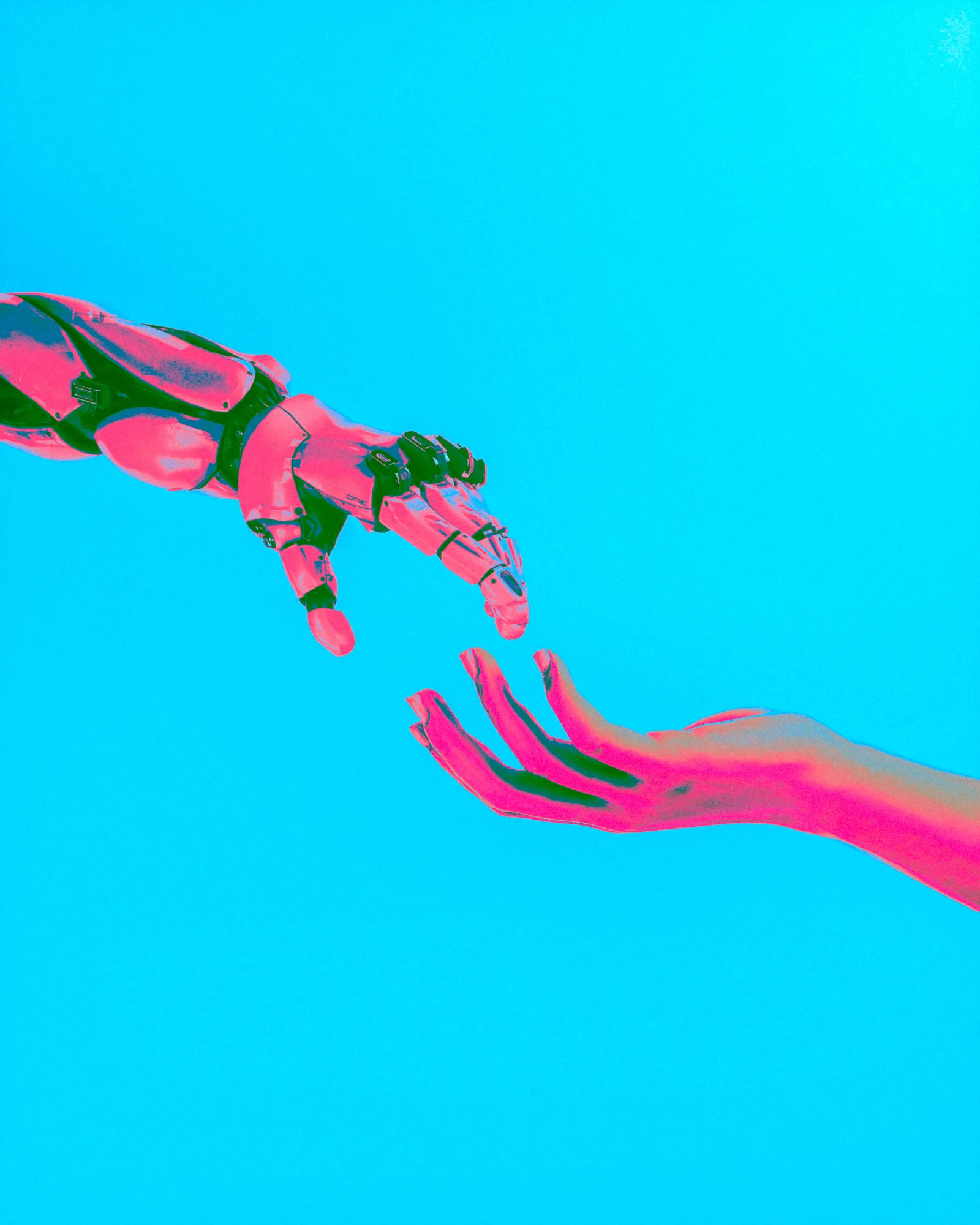 Illustration of a robotic hand and a human hand reaching toward each other against a cyan background, representing AI retrieval grounded in real data