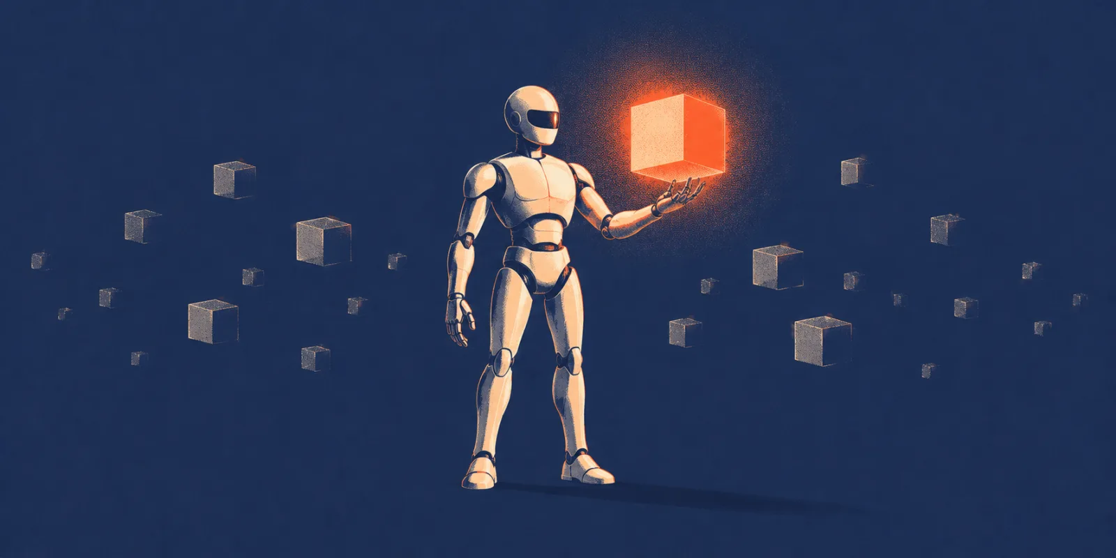 Illustration of a robot selecting a glowing cube from among many floating cubes, representing an AI recommendation system