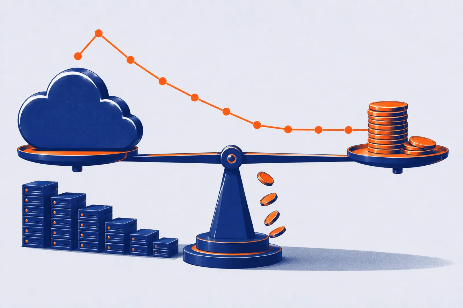 Illustration of a balance scale weighing a cloud against a stack of coins, with a descending cost line above