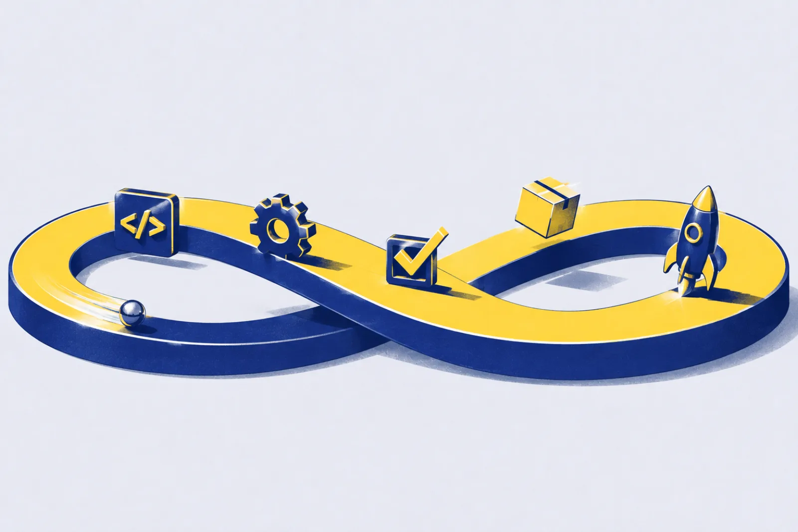Illustration of an infinity loop with code, a gear, a checkmark, a package, and a rocket along its path
