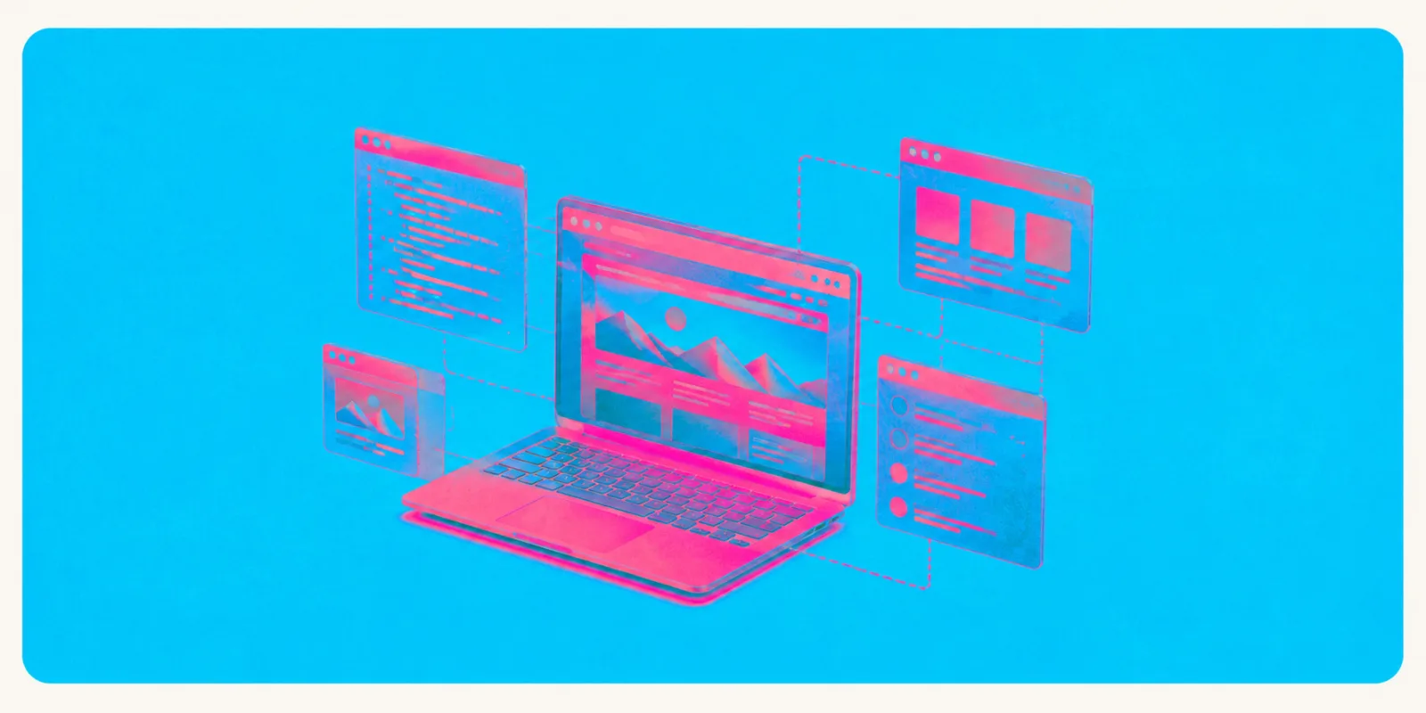 Isometric illustration of a laptop displaying a website, surrounded by connected browser windows showing code and content blocks