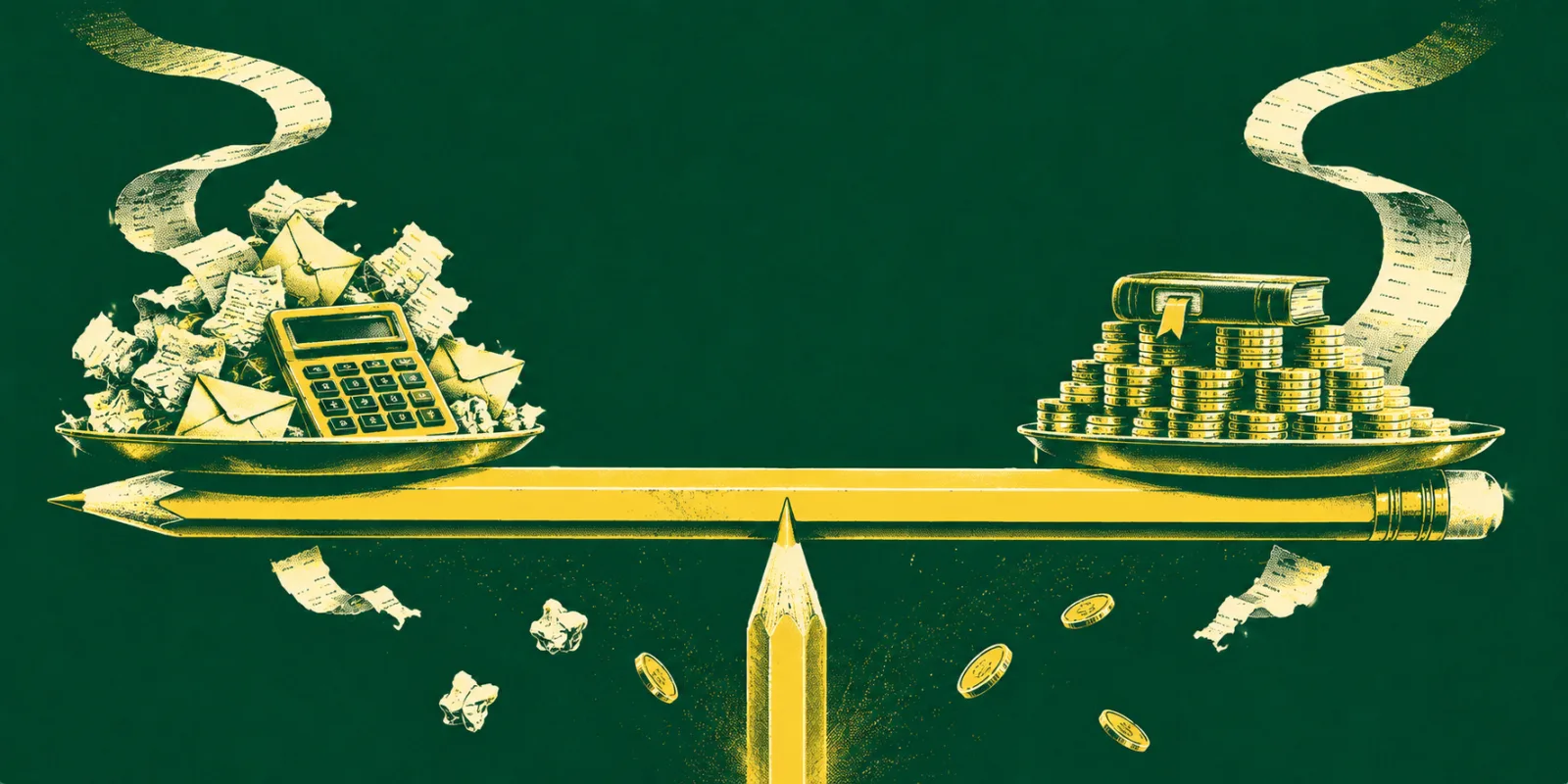 Illustration of a balanced scale weighing crumpled invoices and a calculator against stacked coins and ledgers, representing Zoho Books bookkeeping