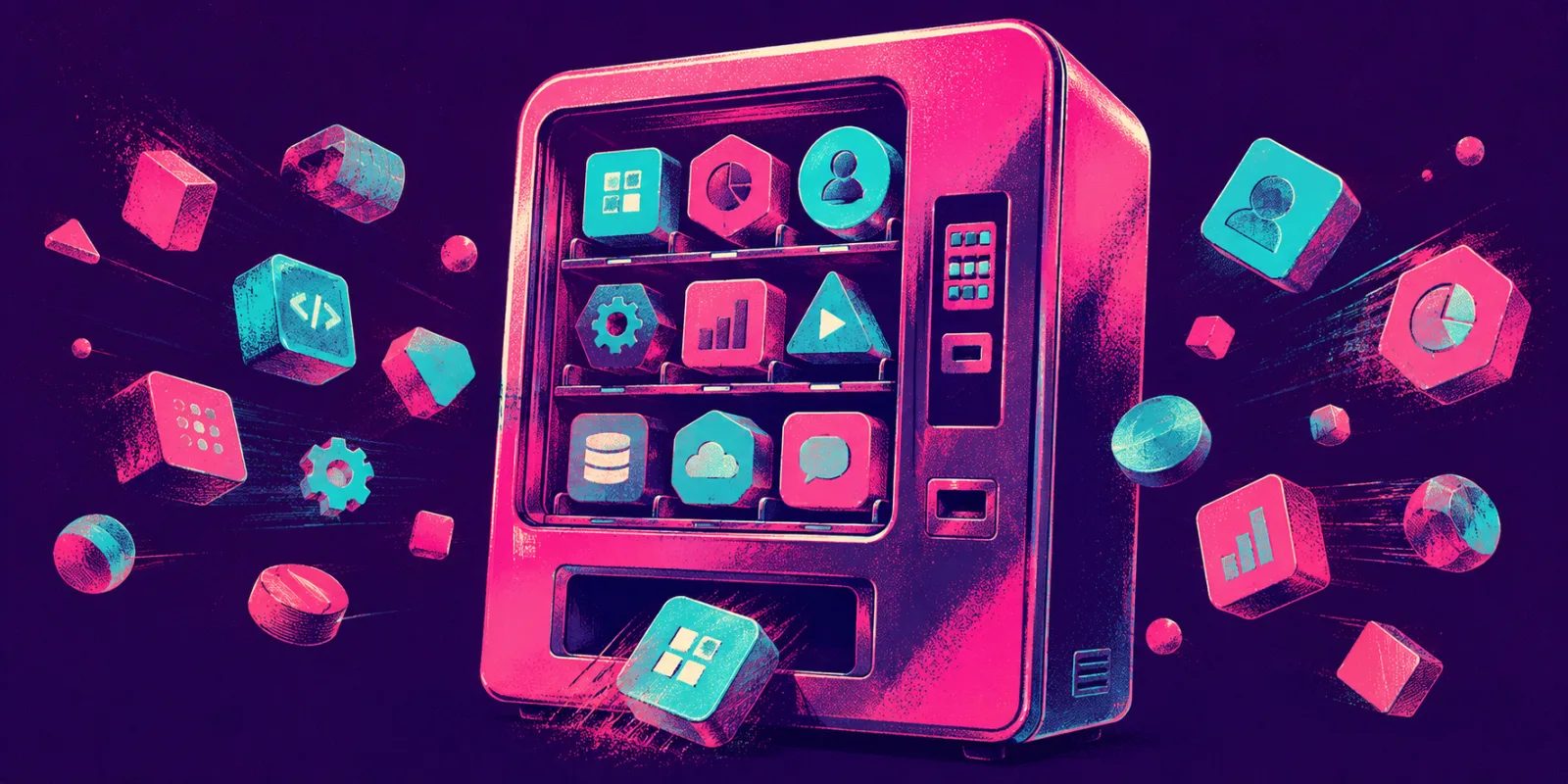 Illustration of a vending machine dispensing custom app icons, representing Zoho Creator's low-code app building