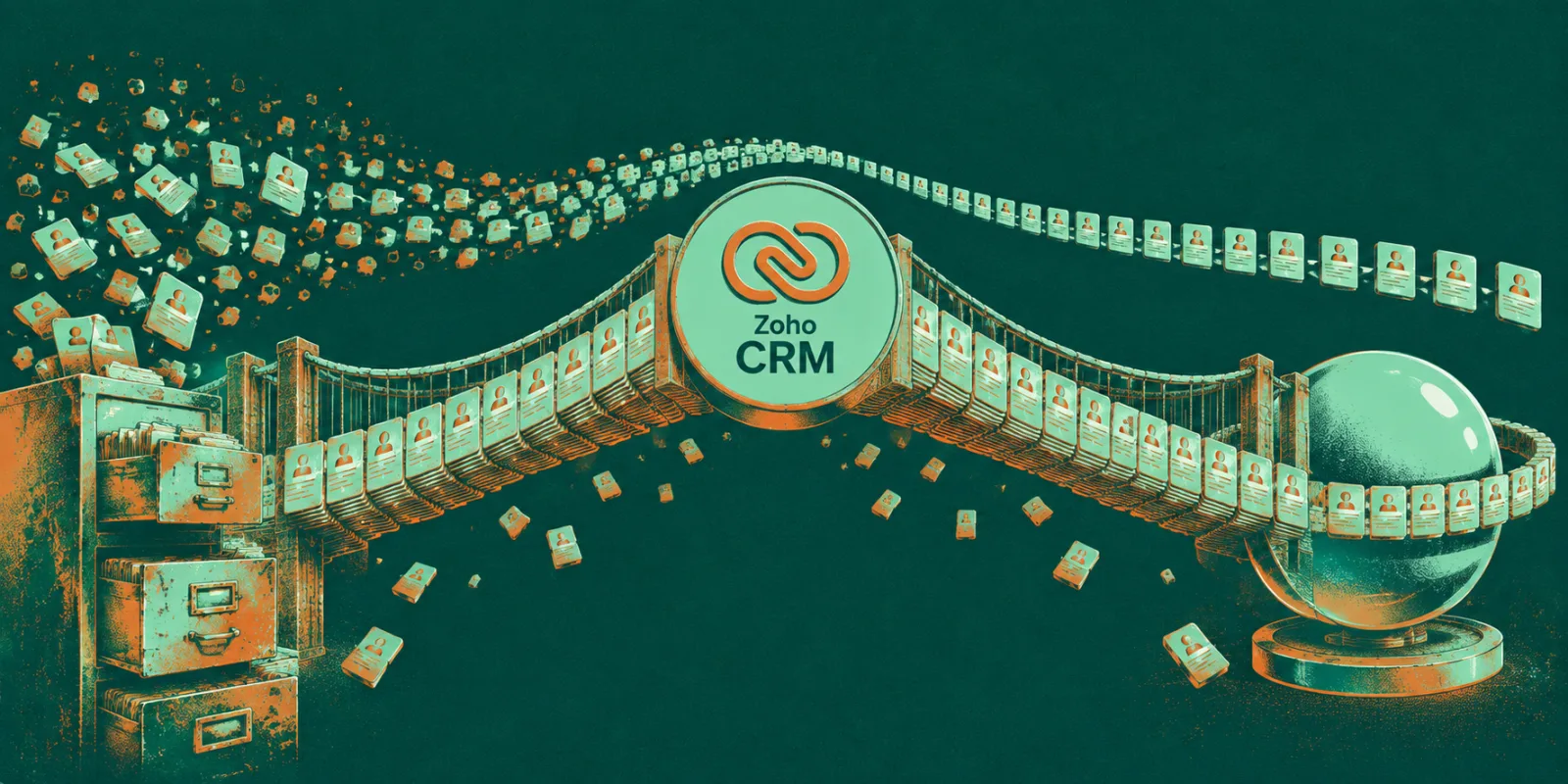 Illustration of contact cards flowing across a bridge into a Zoho CRM hub in place of an old filing cabinet, representing CRM migration