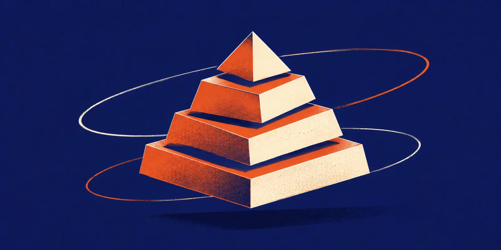 Illustration of a layered pyramid encircled by connecting rings, representing a unified Zoho ERP system