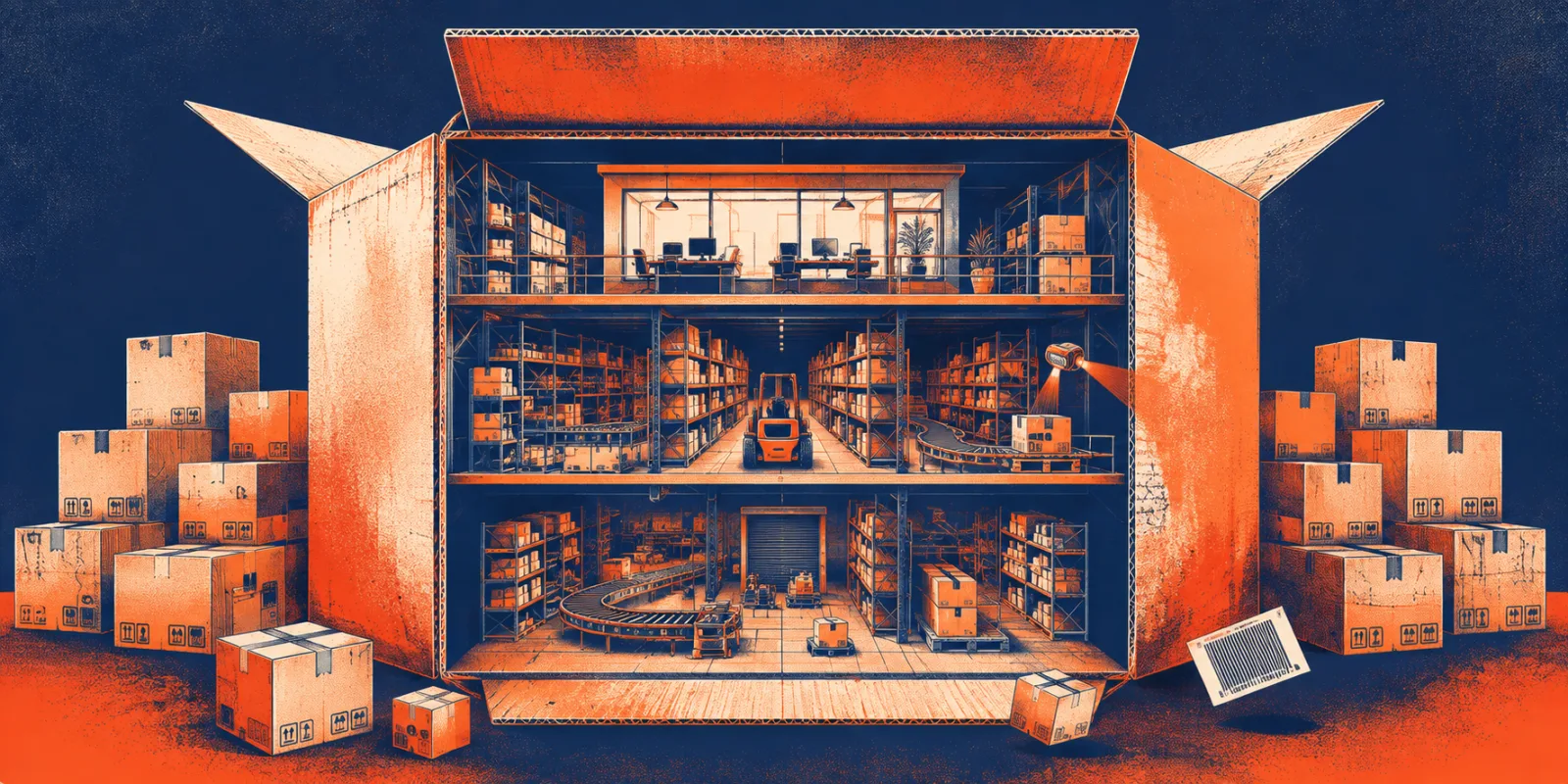 Illustration of an open shipping box revealing a multi-level warehouse with shelving, a forklift, and a conveyor belt, representing Zoho Inventory
