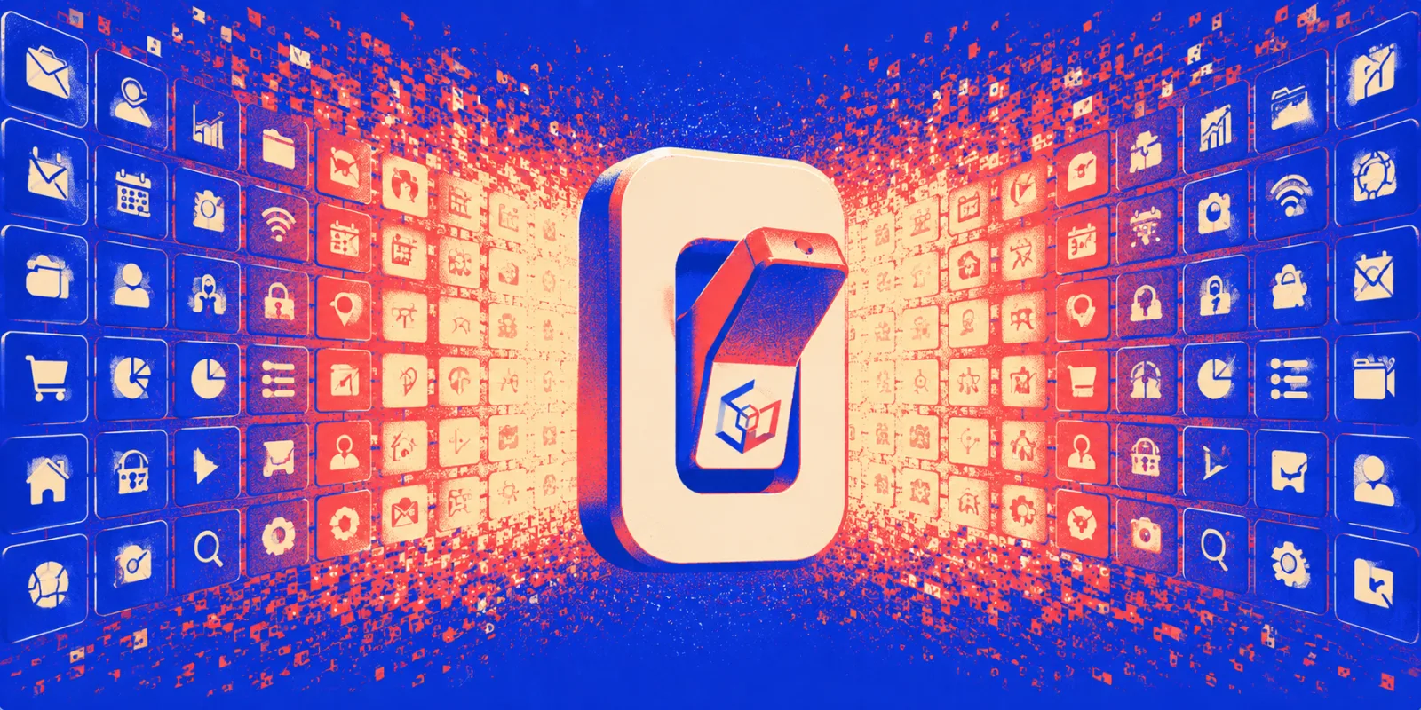 Illustration of a switch surrounded by a grid of app icons streaming into it, representing Zoho One unifying business apps